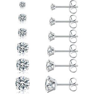 6 Pairs Hypoallergenic CZ Stud Earrings Set - Stainless Steel, 3-8mm